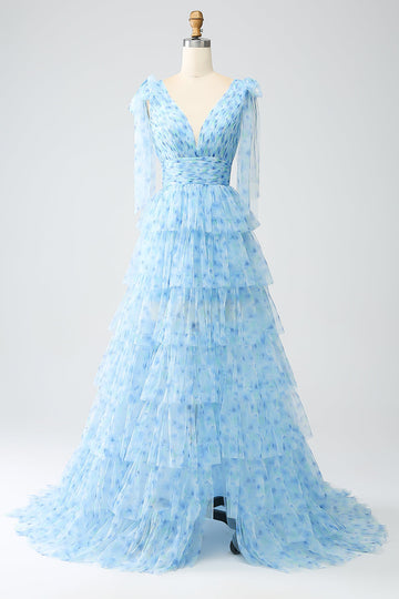 A-Line V-Neck Light Blue Tiered Long Prom Dress with Slit
